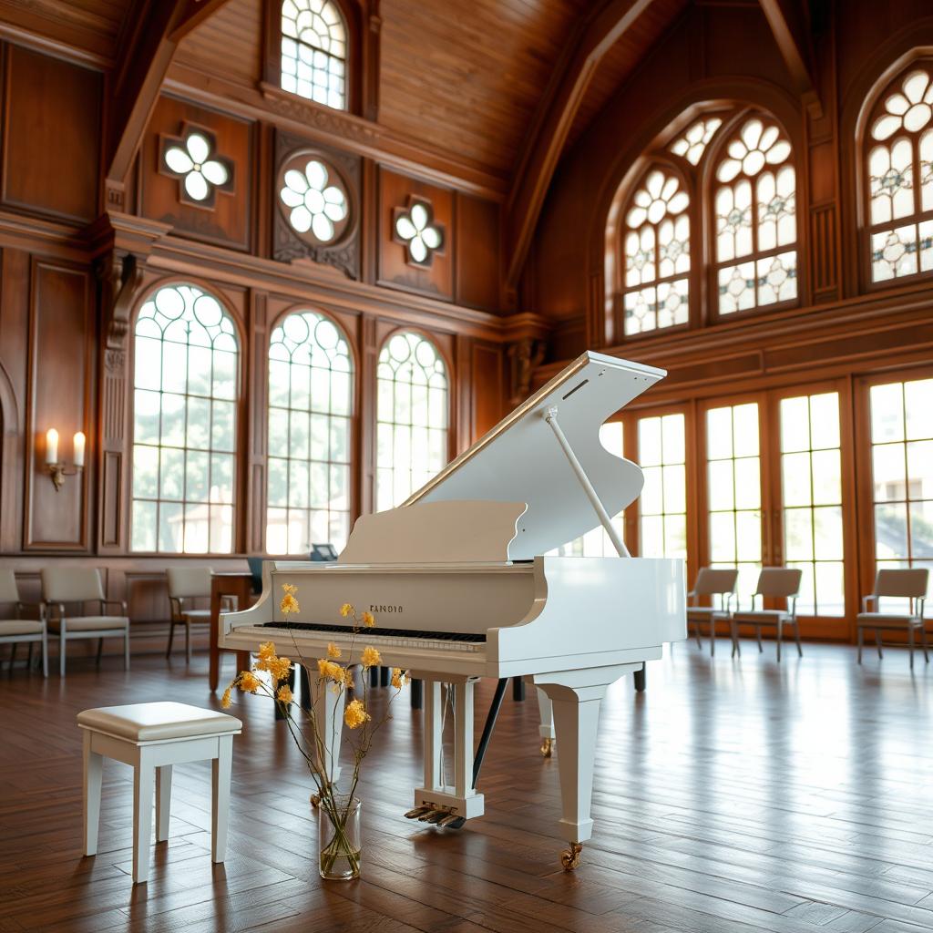 A serene scene in a cozy municipio (town hall) featuring a white grand piano