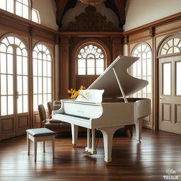 A serene scene in a cozy municipio (town hall) featuring a white grand piano