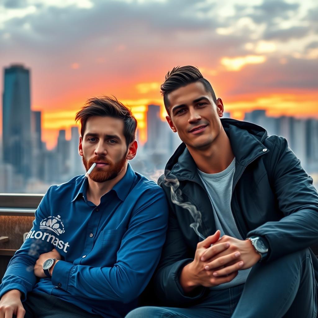 Messi and Ronaldo sitting side by side, both casually smoking cigarettes