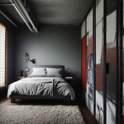 An urban-style bedroom with dimensions of 12 feet by 9 feet. The room showcases elements of city life, with contemporary furniture, industrial decor, and a modern color scheme.