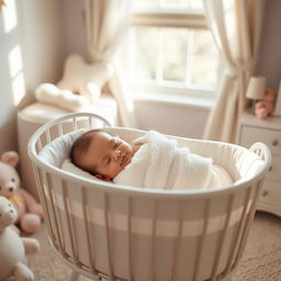 A serene scene featuring a newborn baby peacefully sleeping in a cozy bassinet