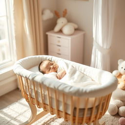 A serene scene featuring a newborn baby peacefully sleeping in a cozy bassinet