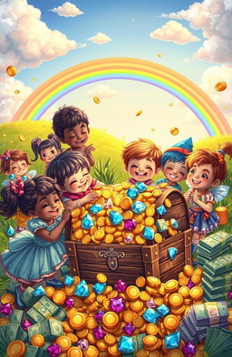A whimsical landscape depicting a dream-like scenario where children are surrounded by abundant treasures, including sparkling jewels, gold coins, and vibrant stacks of cash