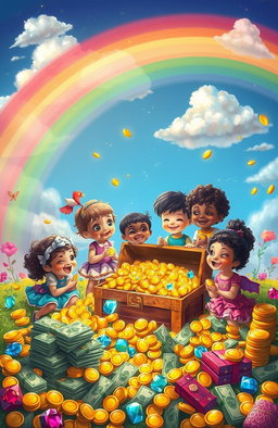 A whimsical landscape depicting a dream-like scenario where children are surrounded by abundant treasures, including sparkling jewels, gold coins, and vibrant stacks of cash
