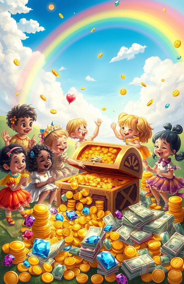 A whimsical landscape depicting a dream-like scenario where children are surrounded by abundant treasures, including sparkling jewels, gold coins, and vibrant stacks of cash