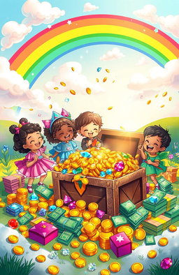 A whimsical landscape depicting a dream-like scenario where children are surrounded by abundant treasures, including sparkling jewels, gold coins, and vibrant stacks of cash