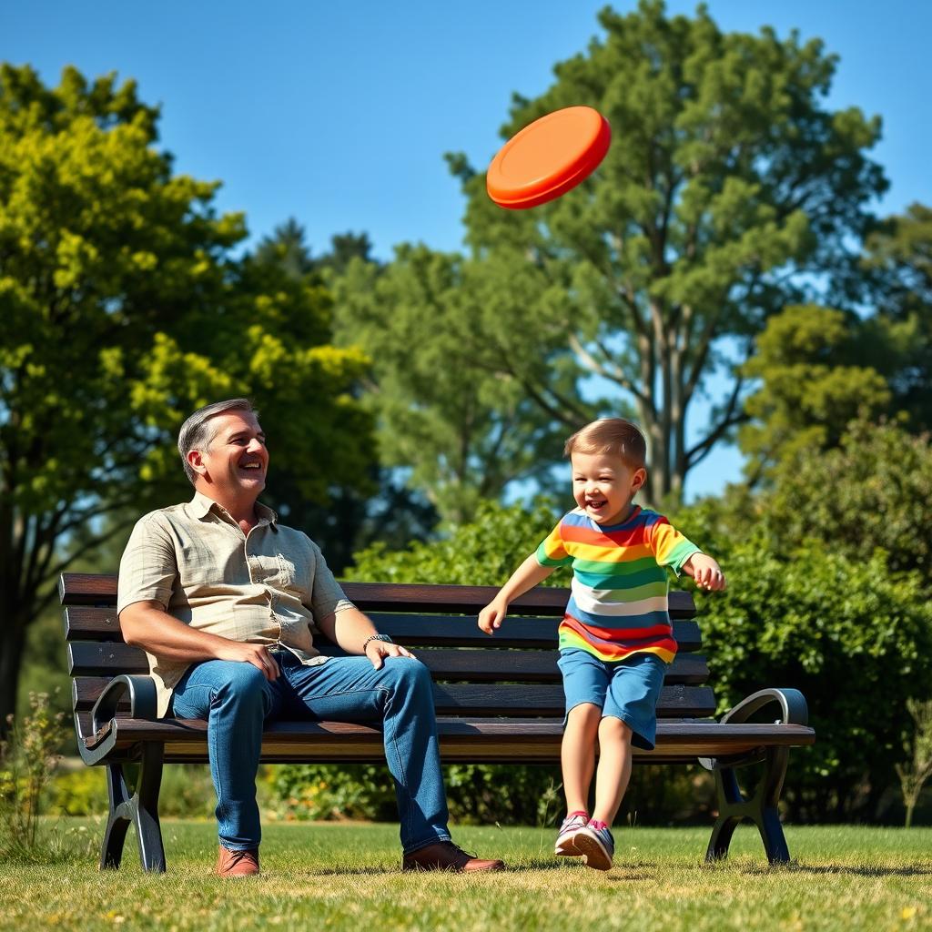 A heartwarming scene of a father and son sharing a joyful moment in a park, with the father sitting on a bench, laughing and playfully tossing a frisbee to his son, who is running after it with excitement