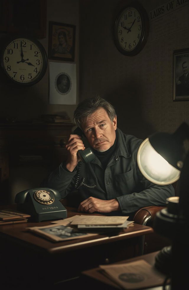 A retired detective sitting in a dimly lit room late at night, on a vintage rotary phone, surrounded by old case files and photographs from an unsolved case from 20 years ago