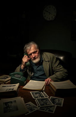 A retired detective sitting in a dimly lit room late at night, on a vintage rotary phone, surrounded by old case files and photographs from an unsolved case from 20 years ago