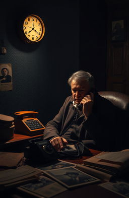 A retired detective sitting in a dimly lit room late at night, on a vintage rotary phone, surrounded by old case files and photographs from an unsolved case from 20 years ago