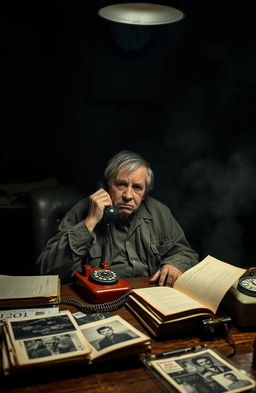 A retired detective sitting in a dimly lit room late at night, on a vintage rotary phone, surrounded by old case files and photographs from an unsolved case from 20 years ago