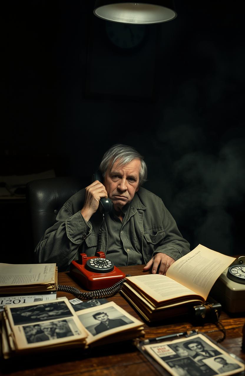 A retired detective sitting in a dimly lit room late at night, on a vintage rotary phone, surrounded by old case files and photographs from an unsolved case from 20 years ago
