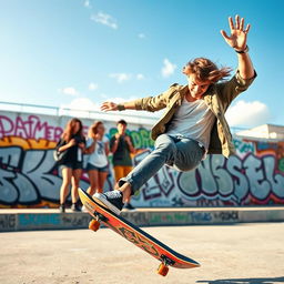 A stylish young adult on a skateboard, performing a trick in an urban environment, wearing a trendy outfit with graffiti murals in the background under a sunny sky