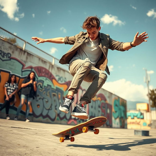 A stylish young adult on a skateboard, performing a trick in an urban environment, wearing a trendy outfit with graffiti murals in the background under a sunny sky