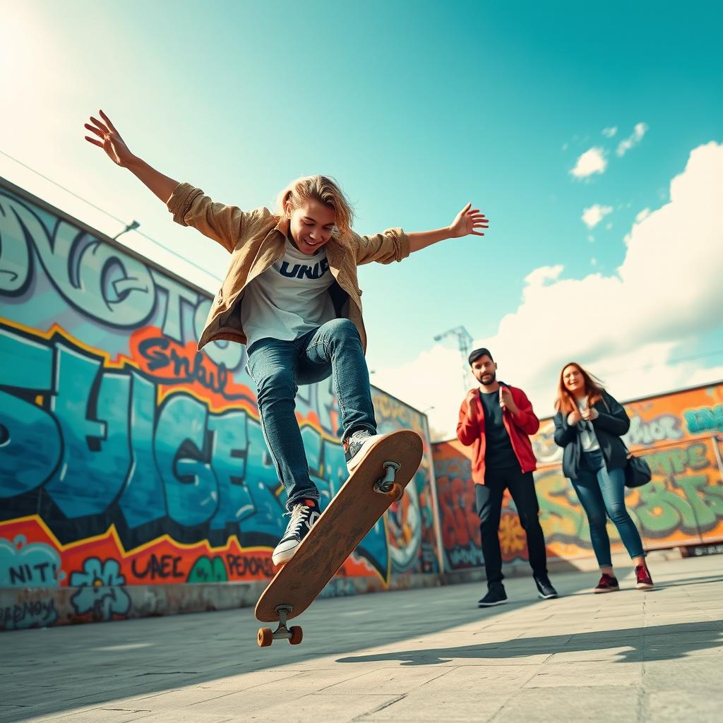 A stylish young adult on a skateboard, performing a trick in an urban environment, wearing a trendy outfit with graffiti murals in the background under a sunny sky