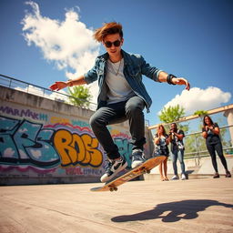 A stylish young adult on a skateboard, performing a trick in an urban environment, wearing a trendy outfit with graffiti murals in the background under a sunny sky