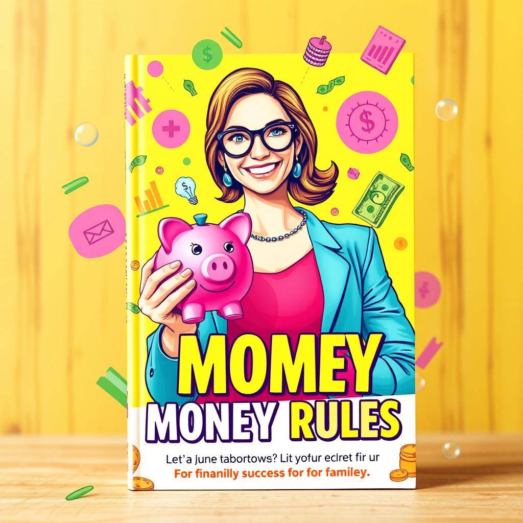 A vibrant and eye-catching book cover design featuring a stylish and confident mom holding a colorful piggy bank, surrounded by playful illustrations of money, financial charts, and family icons