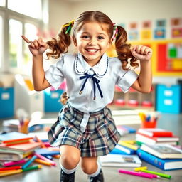 A playful school girl in a charming uniform, smiling brightly with an energetic pose