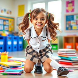 A playful school girl in a charming uniform, smiling brightly with an energetic pose