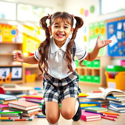 A playful school girl in a charming uniform, smiling brightly with an energetic pose