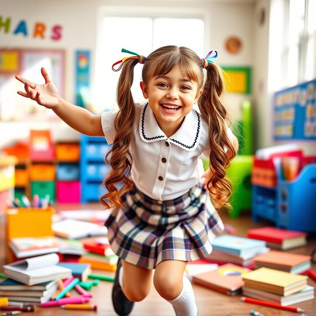 A playful school girl in a charming uniform, smiling brightly with an energetic pose