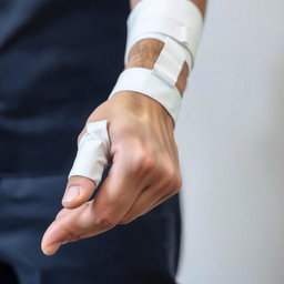 A close-up view of a hand and lower forearm bandaged with a white splint, emphasizing the splint's rigid support extending from the middle of the forearm to the palm near the base of the fingers