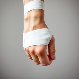 A close-up view of a hand and lower forearm bandaged with a white splint, emphasizing the splint's rigid support extending from the middle of the forearm to the palm near the base of the fingers