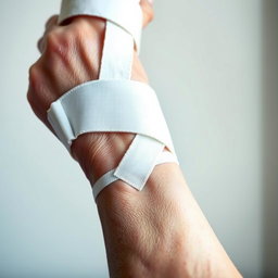 A close-up view of a hand and lower forearm bandaged with a white splint, emphasizing the splint's rigid support extending from the middle of the forearm to the palm near the base of the fingers