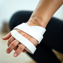 A close-up view of a hand and lower forearm bandaged with a white splint, emphasizing the splint's rigid support extending from the middle of the forearm to the palm near the base of the fingers