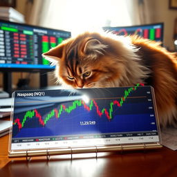 A fluffy domestic cat with an inquisitive expression, gently sniffing a colorful graph displaying the NASDAQ (NQ1) day trading statistics