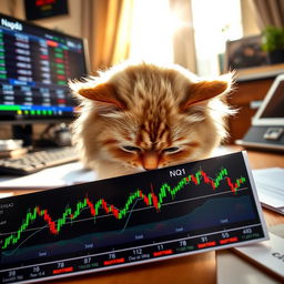 A fluffy domestic cat with an inquisitive expression, gently sniffing a colorful graph displaying the NASDAQ (NQ1) day trading statistics