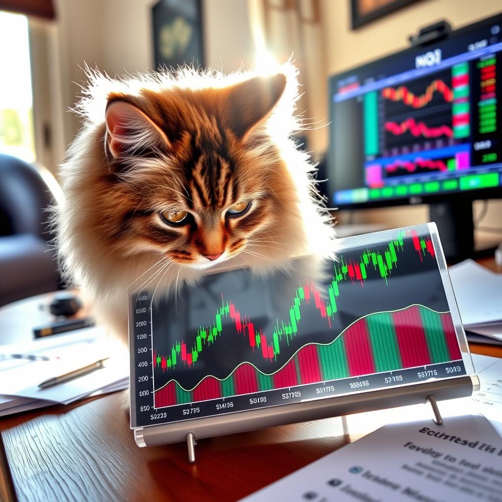 A fluffy domestic cat with an inquisitive expression, gently sniffing a colorful graph displaying the NASDAQ (NQ1) day trading statistics
