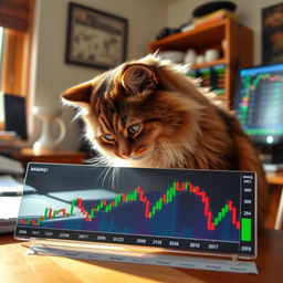 A fluffy domestic cat with an inquisitive expression, gently sniffing a colorful graph displaying the NASDAQ (NQ1) day trading statistics