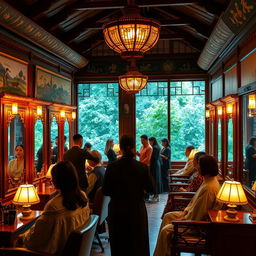 A serene and vibrant view of a traditional Bhutanese salon, showcasing intricate wooden architecture adorned with colorful scrolls and paintings