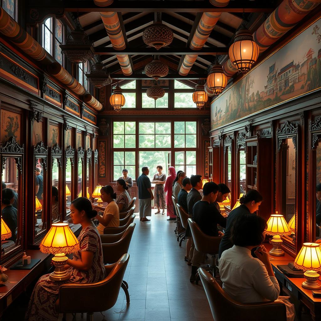 A serene and vibrant view of a traditional Bhutanese salon, showcasing intricate wooden architecture adorned with colorful scrolls and paintings