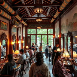 A serene and vibrant view of a traditional Bhutanese salon, showcasing intricate wooden architecture adorned with colorful scrolls and paintings