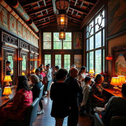 A serene and vibrant view of a traditional Bhutanese salon, showcasing intricate wooden architecture adorned with colorful scrolls and paintings