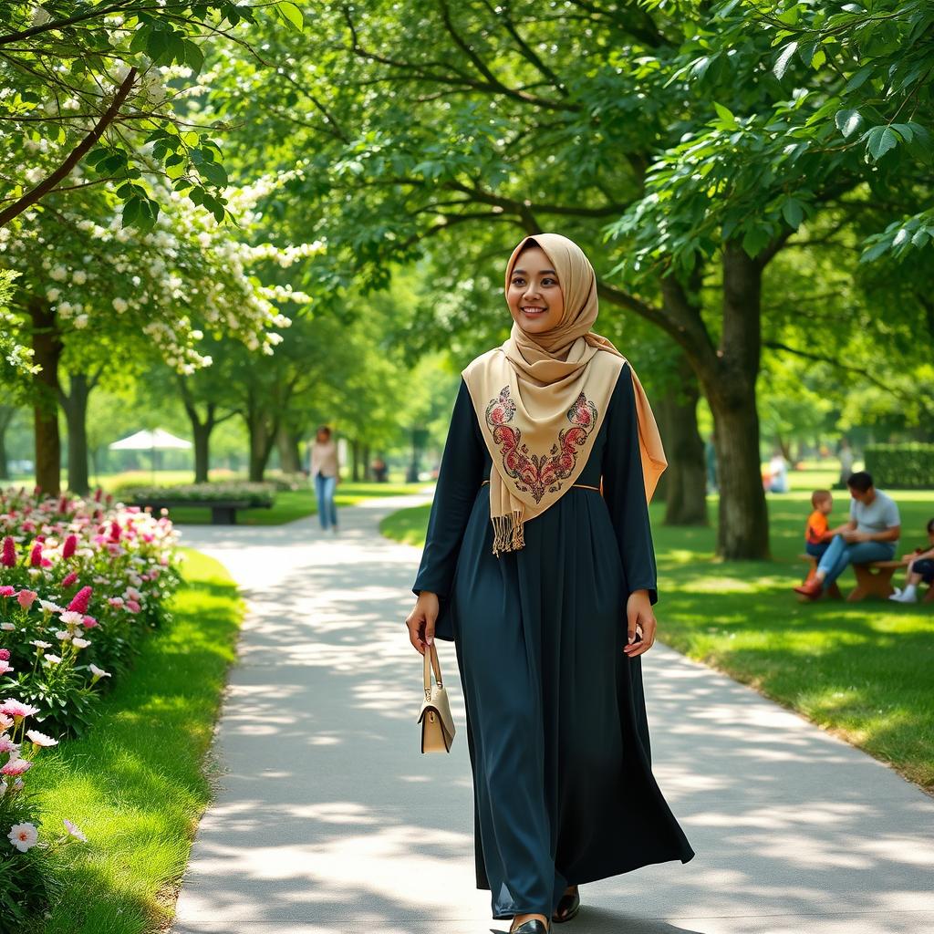A Muslim woman walking gracefully in a lush green park, dressed in a stylish and colorful hijab, paired with a flowing, elegant abaya