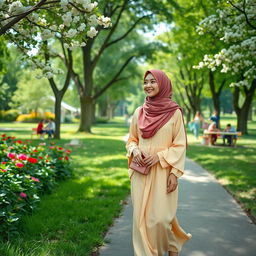 A Muslim woman walking gracefully in a lush green park, dressed in a stylish and colorful hijab, paired with a flowing, elegant abaya