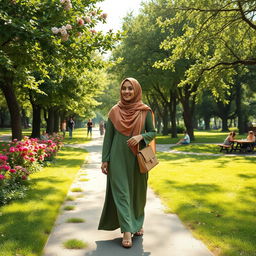 A Muslim woman walking gracefully in a lush green park, dressed in a stylish and colorful hijab, paired with a flowing, elegant abaya