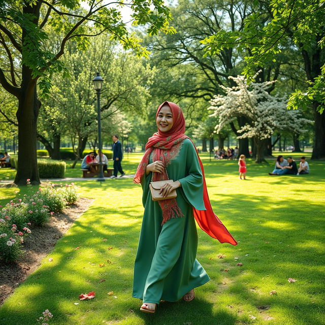 A Muslim woman walking gracefully in a lush green park, dressed in a stylish and colorful hijab, paired with a flowing, elegant abaya