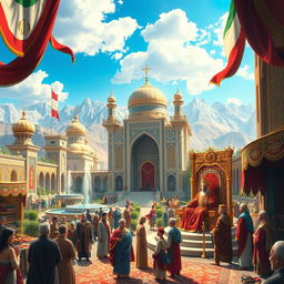 A fantastical representation of Iran with a glorious monarchy, featuring grand palaces with intricate Persian architecture, lush gardens with fountains, regal banners, and traditional Persian carpets