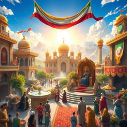 A fantastical representation of Iran with a glorious monarchy, featuring grand palaces with intricate Persian architecture, lush gardens with fountains, regal banners, and traditional Persian carpets