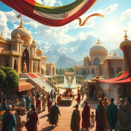 A fantastical representation of Iran with a glorious monarchy, featuring grand palaces with intricate Persian architecture, lush gardens with fountains, regal banners, and traditional Persian carpets