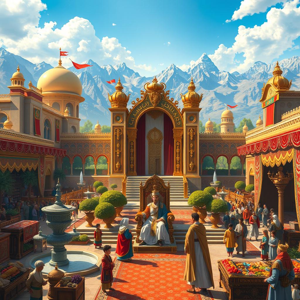 A fantastical representation of Iran with a glorious monarchy, featuring grand palaces with intricate Persian architecture, lush gardens with fountains, regal banners, and traditional Persian carpets