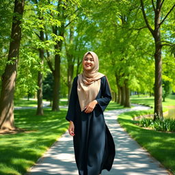 A Muslim woman wearing a beautiful hijab and a flowing abaya, walking gracefully through a lush green park