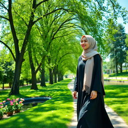 A Muslim woman wearing a beautiful hijab and a flowing abaya, walking gracefully through a lush green park