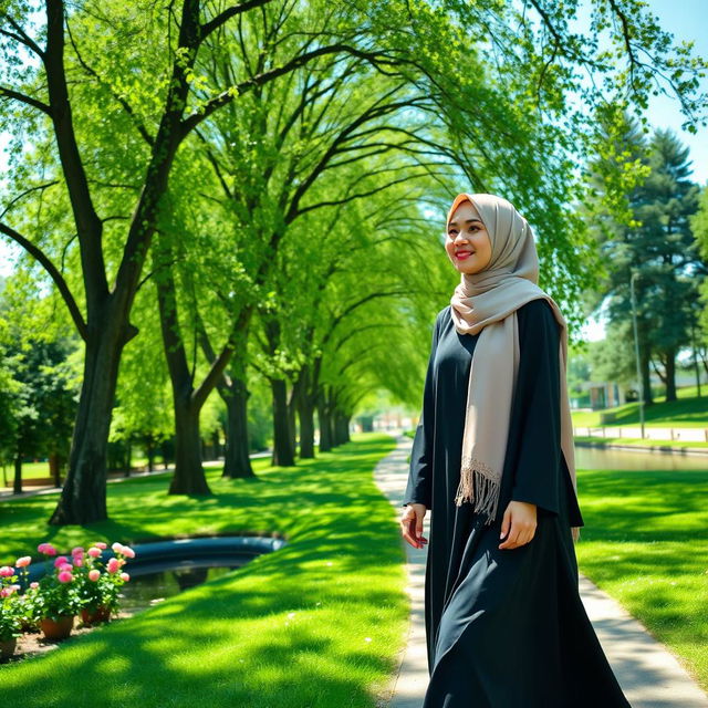 A Muslim woman wearing a beautiful hijab and a flowing abaya, walking gracefully through a lush green park