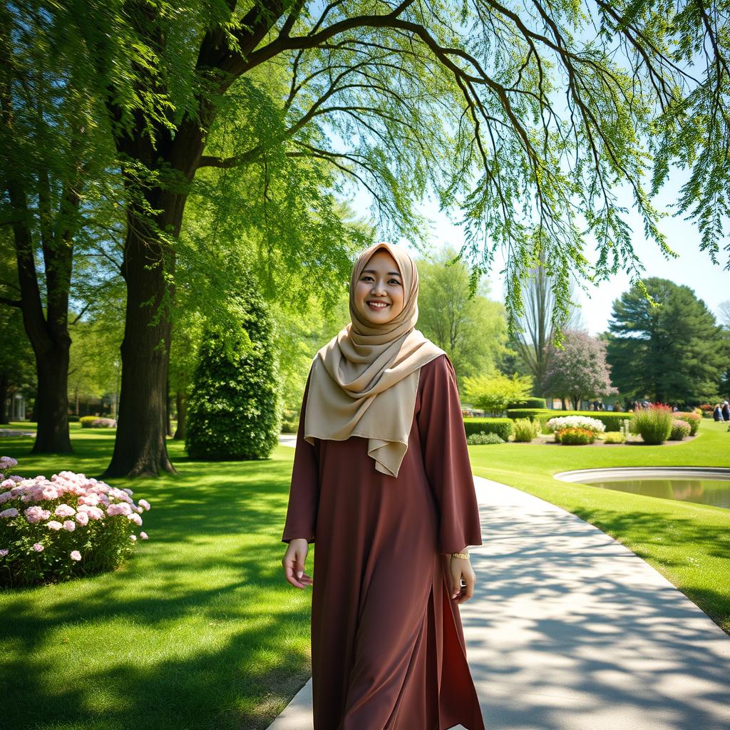 A Muslim woman wearing a beautiful hijab and a flowing abaya, walking gracefully through a lush green park