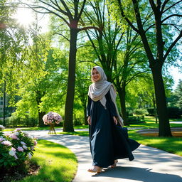 A Muslim woman wearing a beautiful hijab and a flowing abaya, walking gracefully through a lush green park
